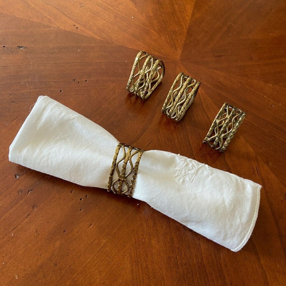Vintage Brass Filigree Ornate Napkin Ring Set Of 4 Triangle Shape India Made